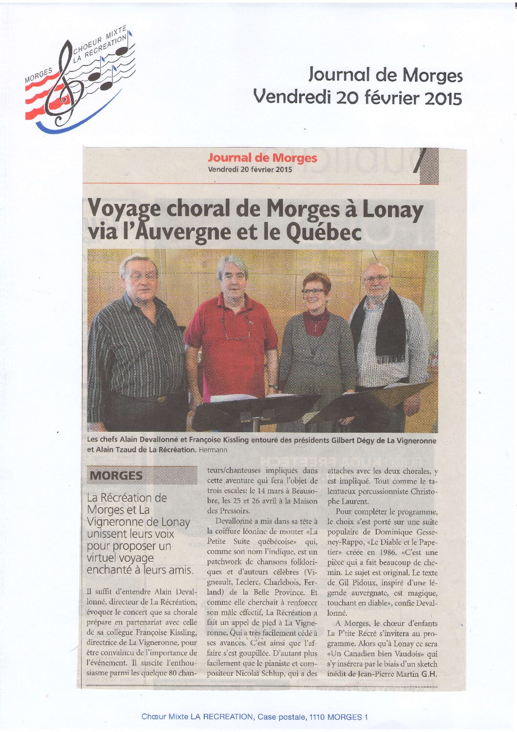 Voyage Choral de Morges à Launay via l&rsquo;Auvergne et le Québec